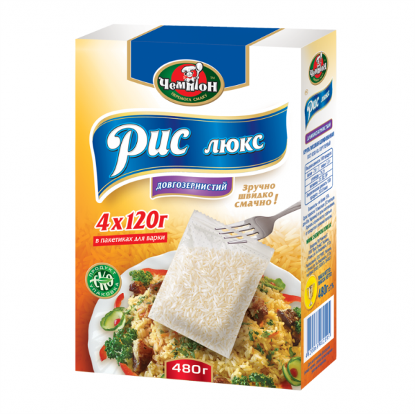 Рис довгозернистий шліфований ЧЕМПІОН, 480г (4х120г)